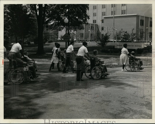 1966 Press Photo 13 visitors roll in wheelchairs to the Natural History Museum - Historic Images