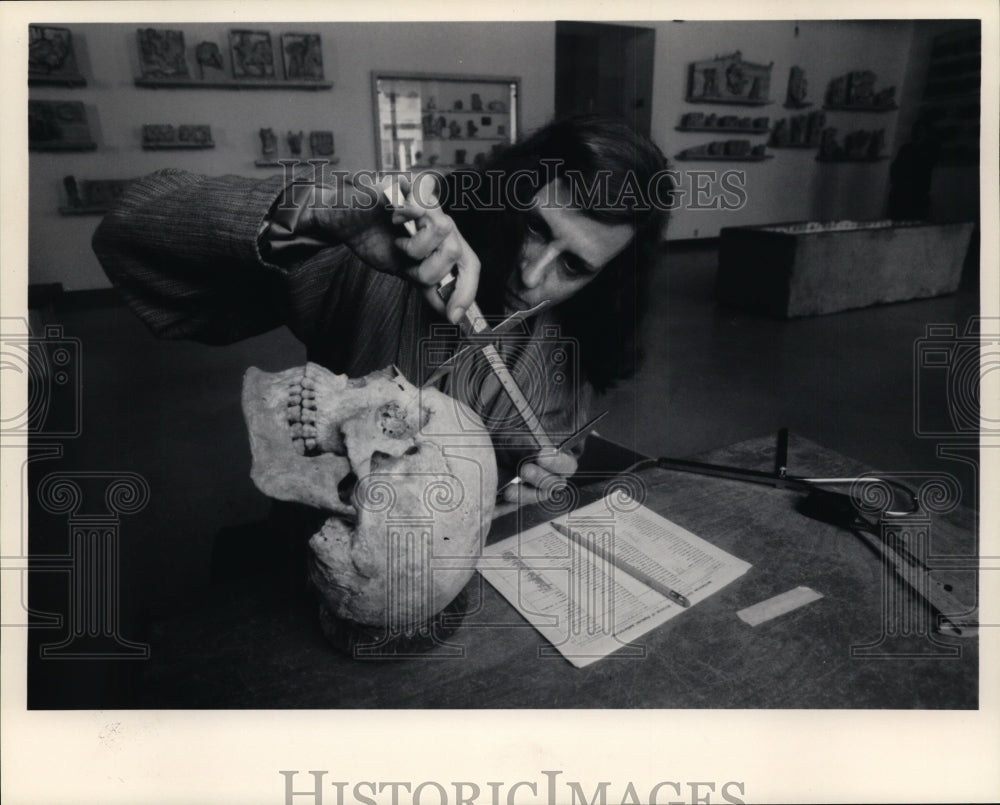 1984 Press Photo Archaeologist measures skull size - cvb35501 - Historic Images