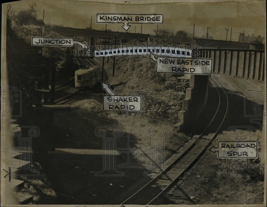1949 Press Photo Looking West onto Rapid Tracks with unused track extreme right. - Historic Images