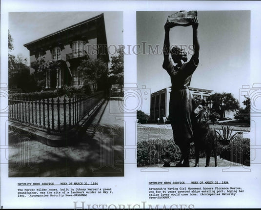 1994 Press Photo Mercer Wilder house and Savannah's Waving Girl Monument - Historic Images