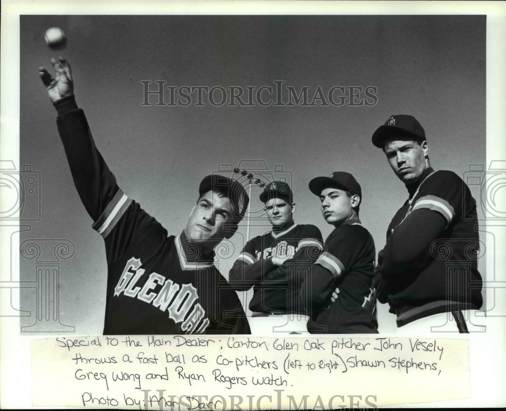 Press Photo Pitcher John Vesely Throws a Fast Ball to his 3 Co-pitchers - Historic Images