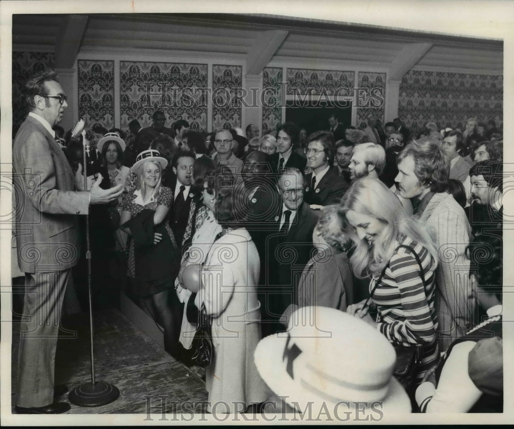 1973 Mayor Ralph J. Perk speaks to crowd opening new headquarters-Historic Images