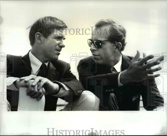 1987 Press Photo ABC broadcasters Sam Poise and Al Trautwig at the Grand Prix - Historic Images