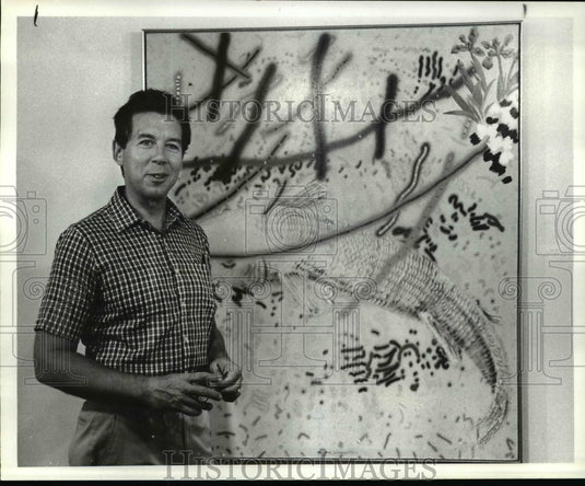 1984 Press Photo Robert Jergens, with paintings after his return from Japan - Historic Images