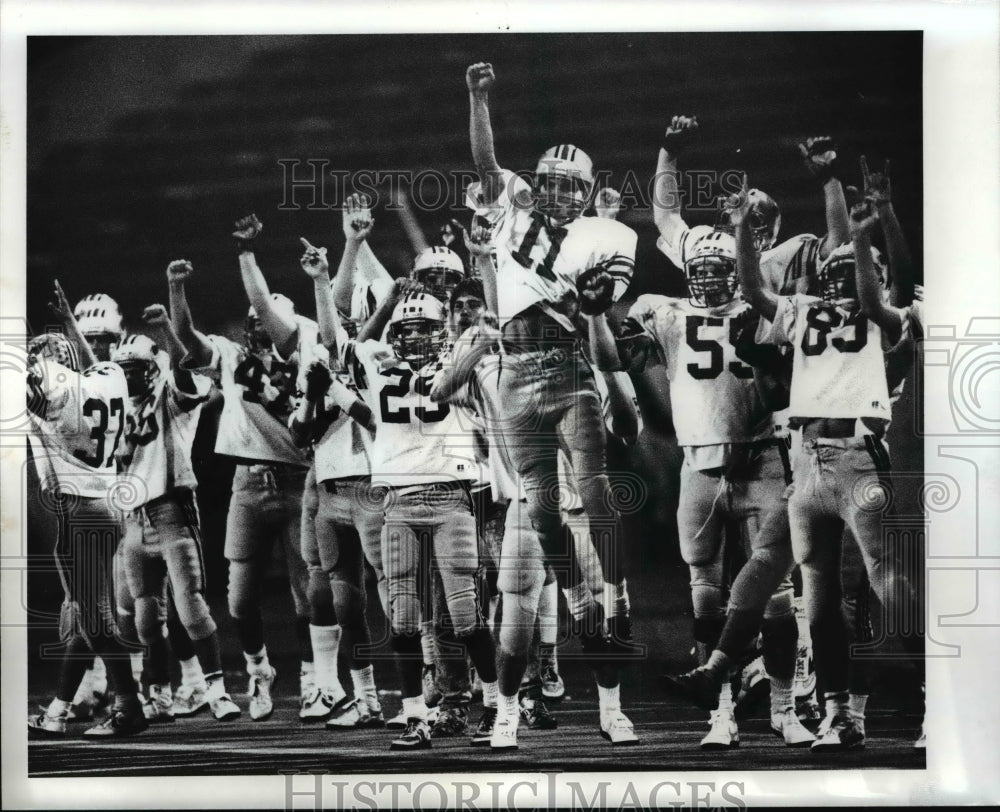 Press Photo Mentor bench celebrates after 2nd touch down against Berea football - Historic Images