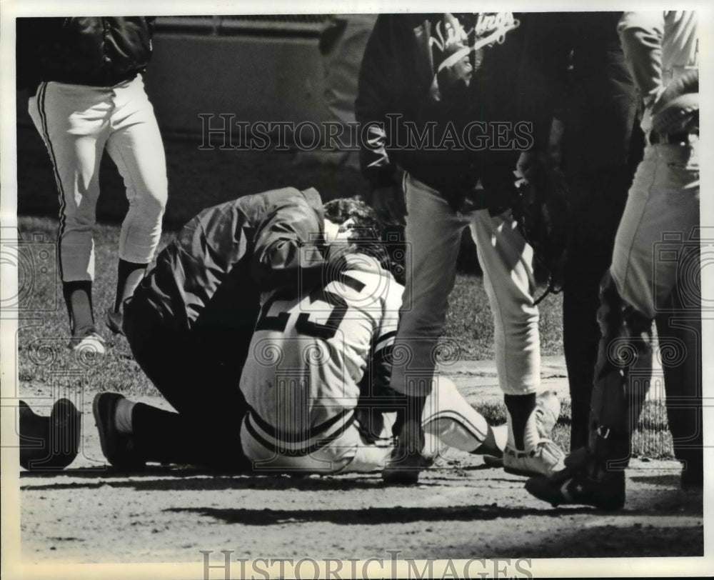 1981 Press Photo csu PAPP being aided by others after being hit by pitch - Historic Images