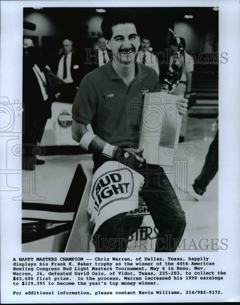 1990 Press Photo Chris Warren Happily Displays his Frank K. Baker Trophy - Historic Images