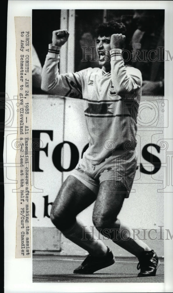 1988 Press Photo Force vs Comets- Ali Kazemain cheers after making the assist.- Historic Images