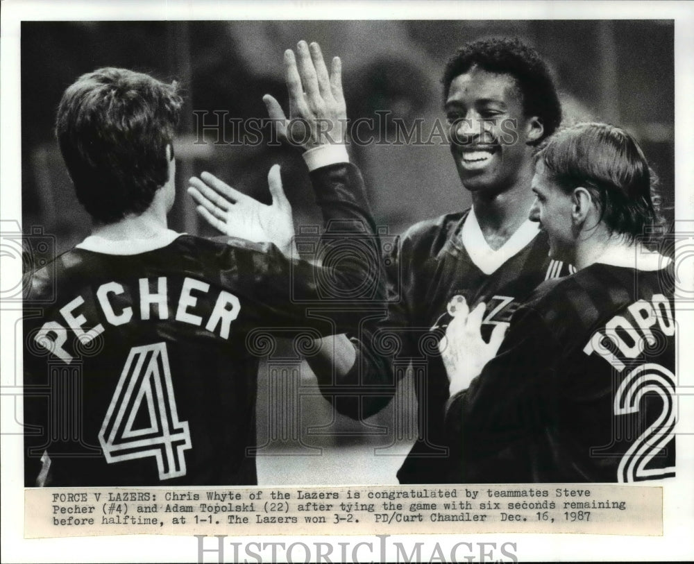 1987 Press Photo Lazers soccer team-Chris Whyte, Steve Pecher and Adam Topolski - Historic Images