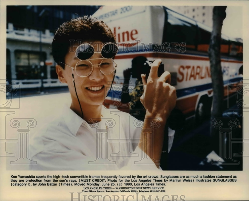 1990 Press Photo Ken Yamashita sports high tech convertible frames - cvb57213 - Historic Images