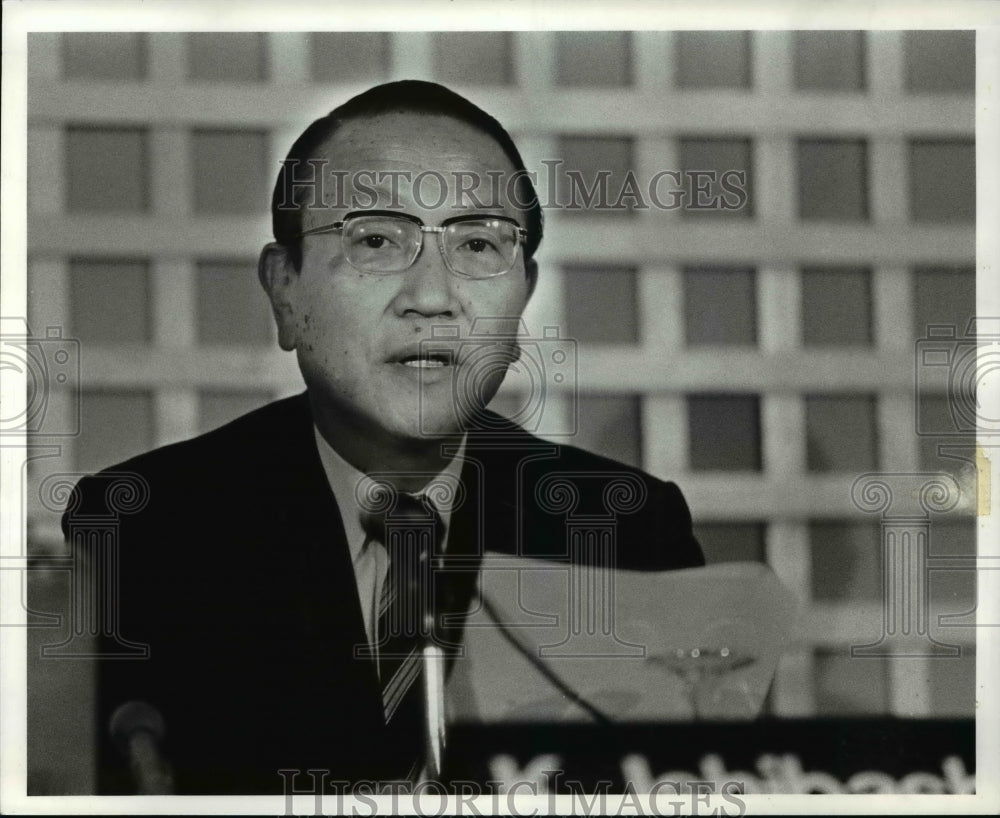 1983 Press Photo Kanichiro Ishibashi, Bridgestone Tire Company Chairman Speaking - Historic Images