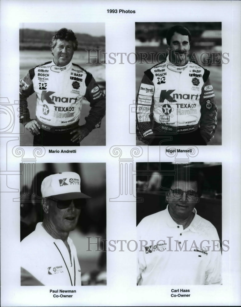 1993 Press Photo Racing Team Mario Andretti, Nigel Mansell, Paul Newman and Carl - Historic Images