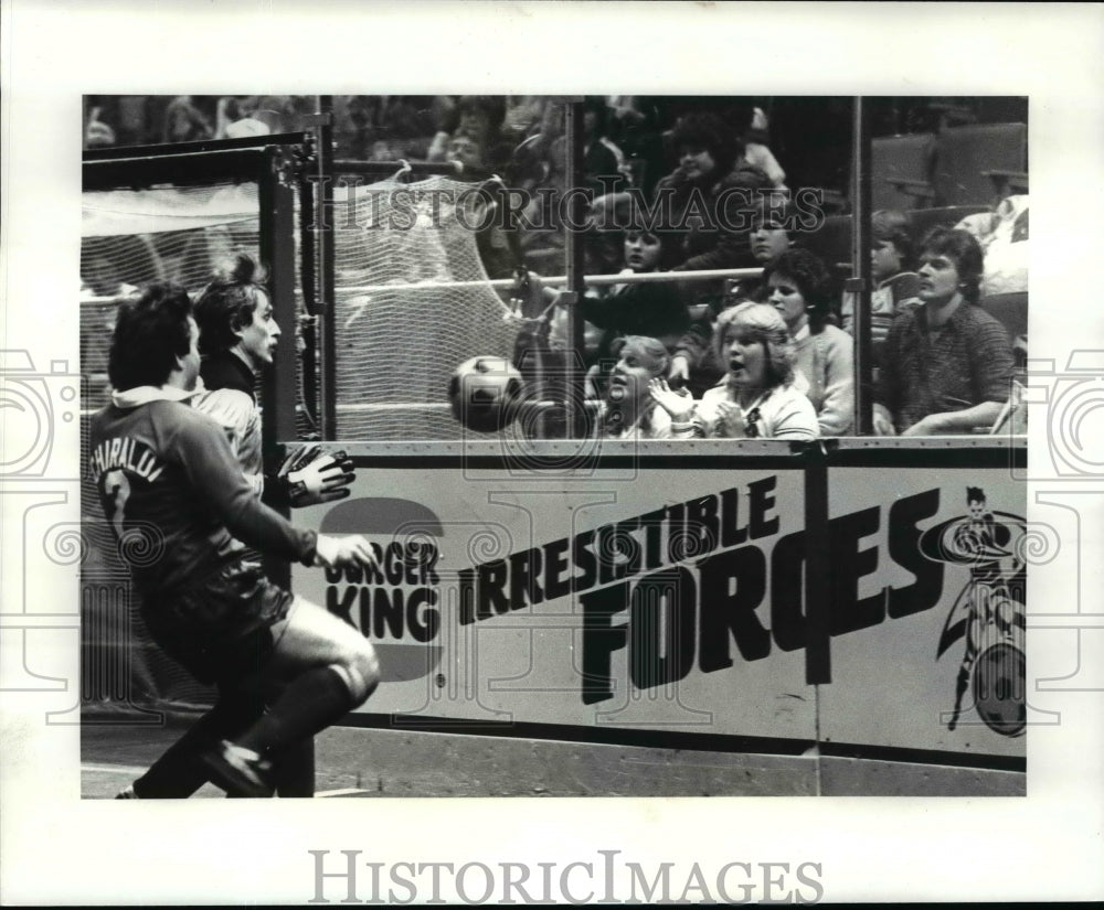 1984 Press Photo Comets Gino Schiraldi against Force goalie Krys Sobieski- Historic Images