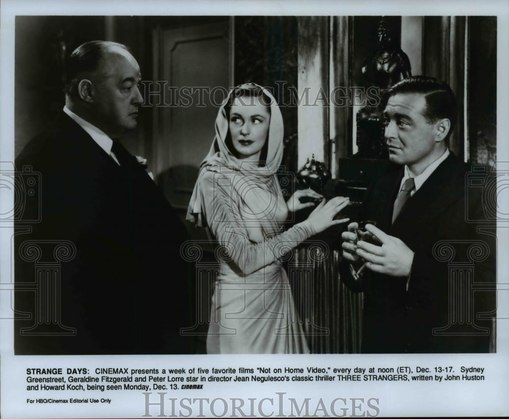 Press Photo Sydney Greenstreet, Geraldine Fitzgerald and Peter Lorre - Historic Images