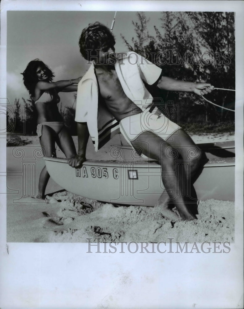 1973 Press Photo: Dunker trunks by Jantzen with vividly colored stripes - Historic Images