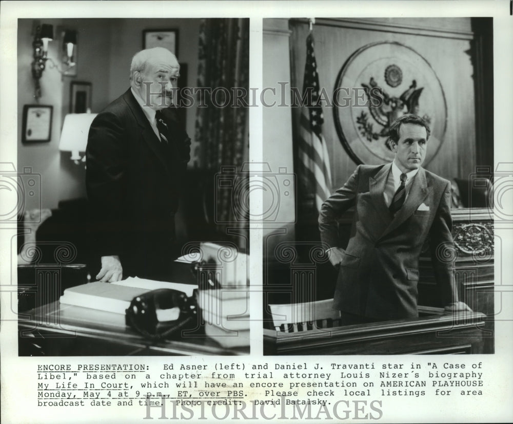 Press Photo Ed Asner & Daniel J Travanti star in "A Case of Libel," on PBS - Historic Images