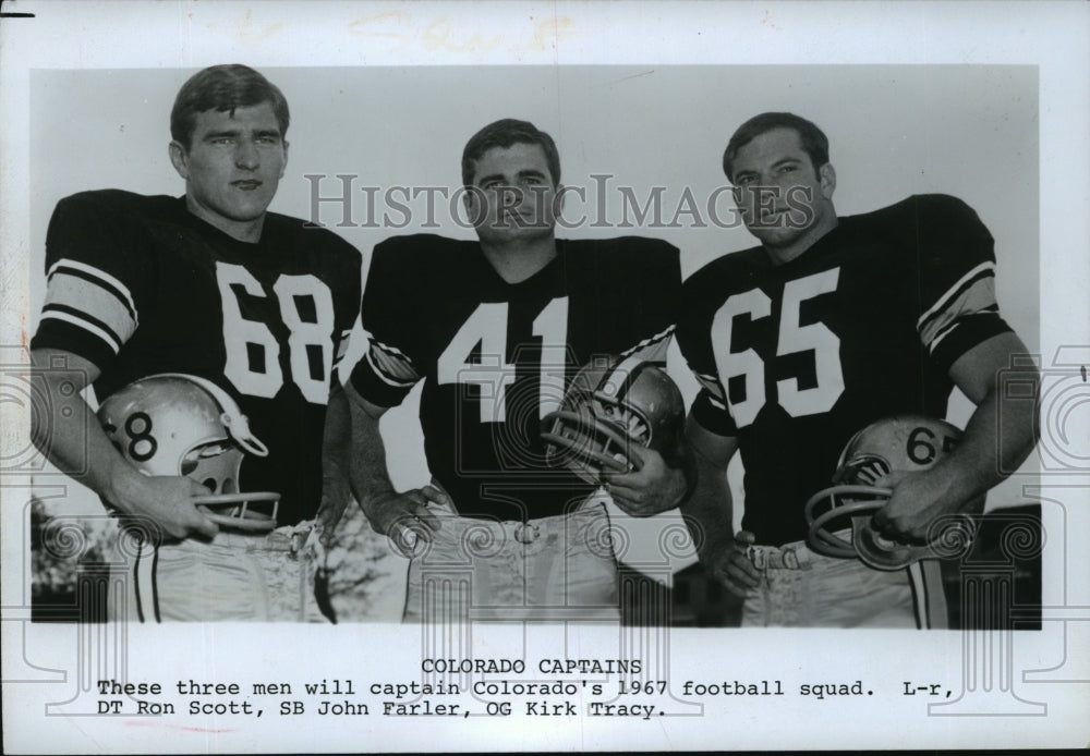 1967 Press Photo Ron Scott, John Farler &amp; Kirk Tracy, Captains Colorado Football - Historic Images
