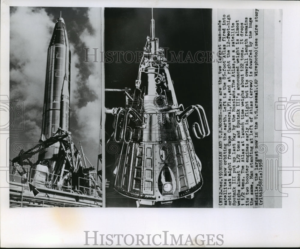 1958 Press Photo U.S. satellite Atlas and Russian satellite Sputnik III - Historic Images