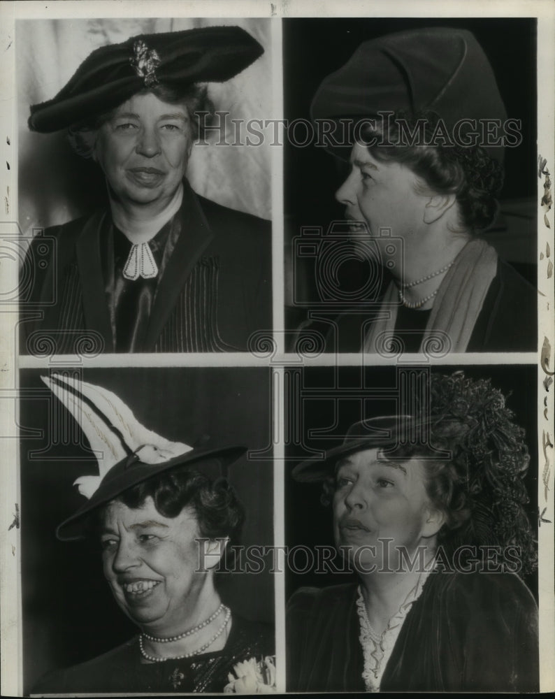 1941 Press Photo Mrs. Franklin D. Roosevelt Wearing Four Different Hats - Historic Images