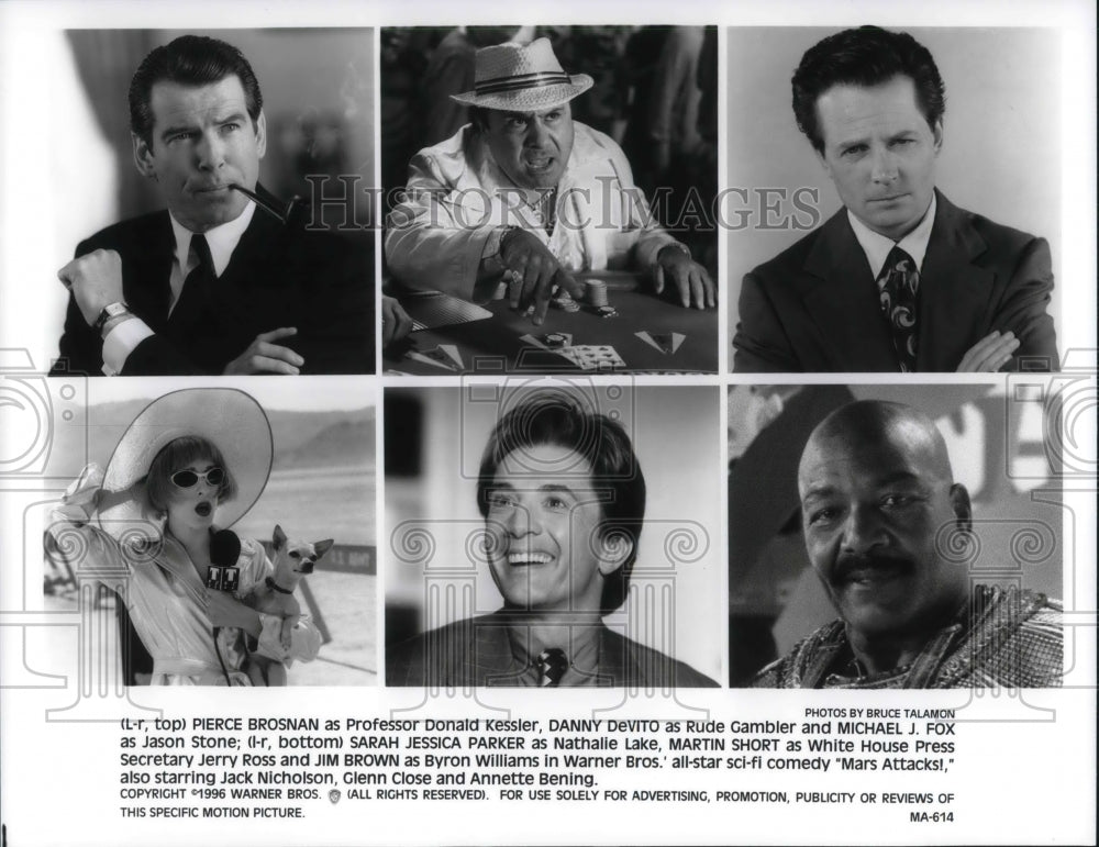 1996 Press Photo P. Brosnan Danny DeVito Sarah Jessica Parker in Mars Attacks - Historic Images