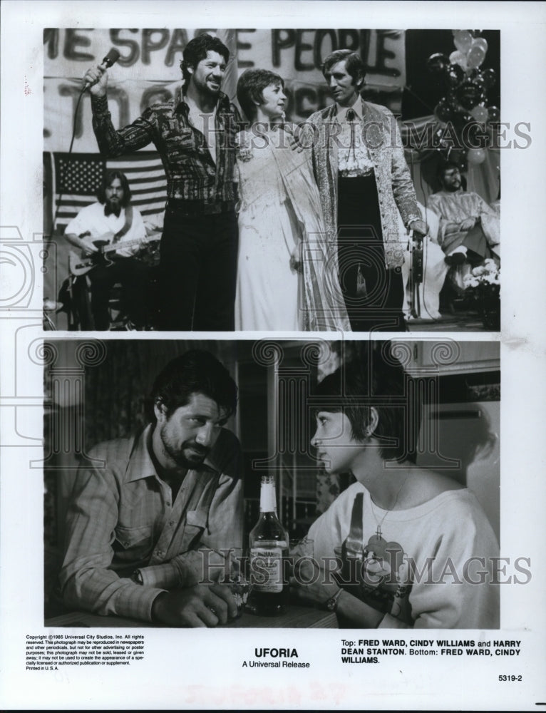 1985 Press Photo Fred Ward Cindy Williams and Harry Dean Stanton in Uforia - Historic Images