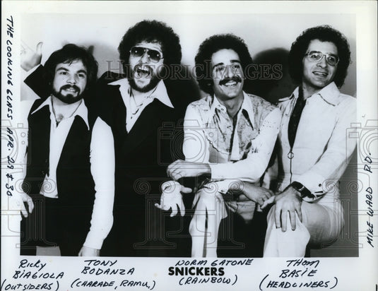 1985 Press Photo Ricky Biagiola, Tony Bodanza, Norm Gatone, Thom Basie- Snickers - Historic Images
