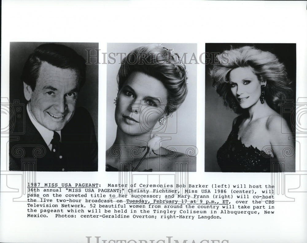 1987 Press Photo Miss USA Pageant Christy Fichtner Mary Frann Bob Barker-Historic Images
