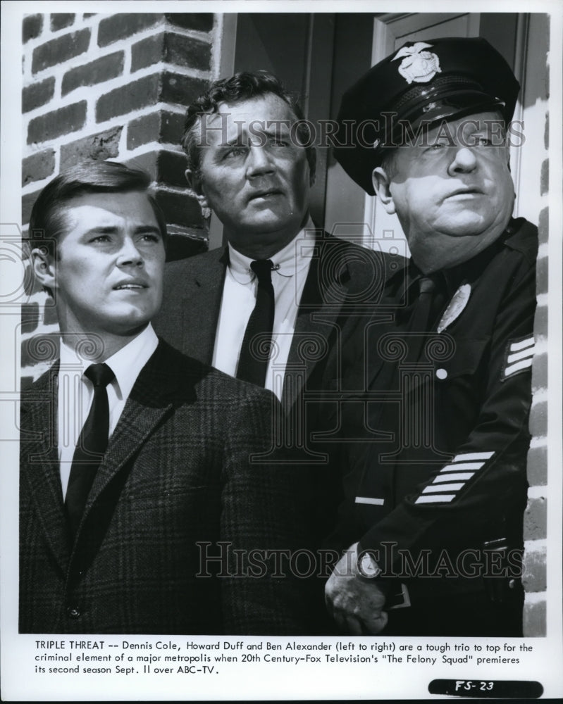 1967 Press Photo Dennis Cole, Howard Duff & Ben Alexander in in The Felony Squad - Historic Images