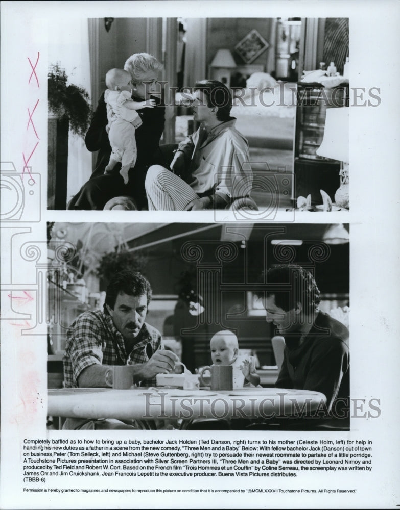 1987 Press Photo Ted Danson Celeste Holm Tom Selleck and Steve Guttenberg - Historic Images