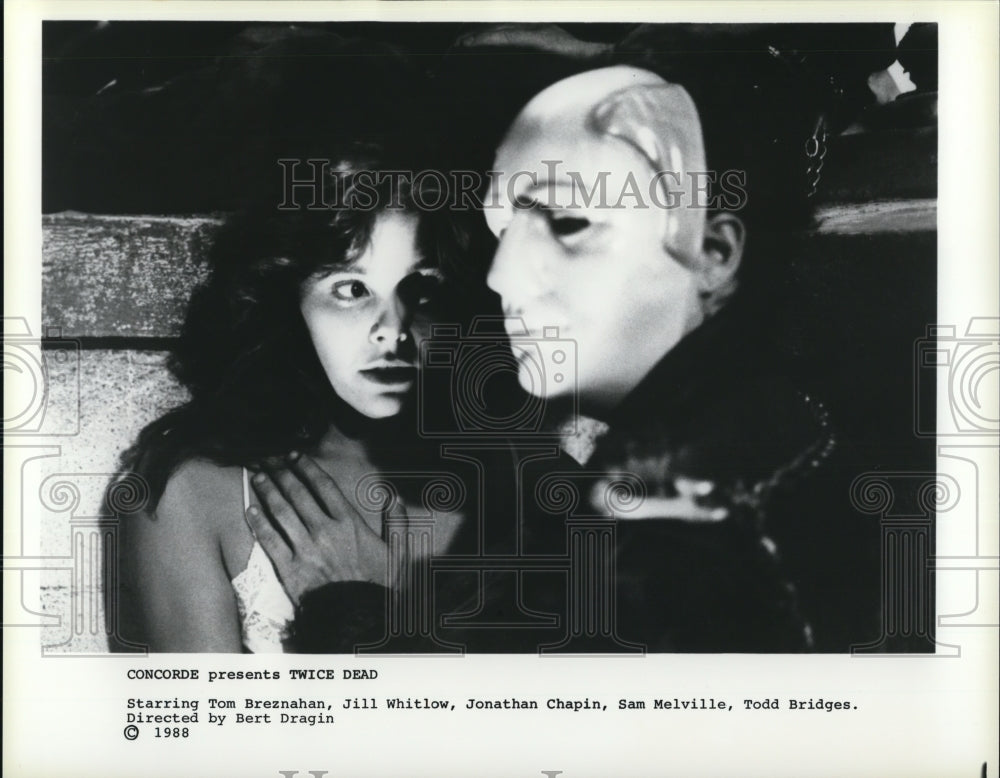 1989 Press Photo Tom Breznahan and Jill Whitlow star in Twice Dead movie film - Historic Images