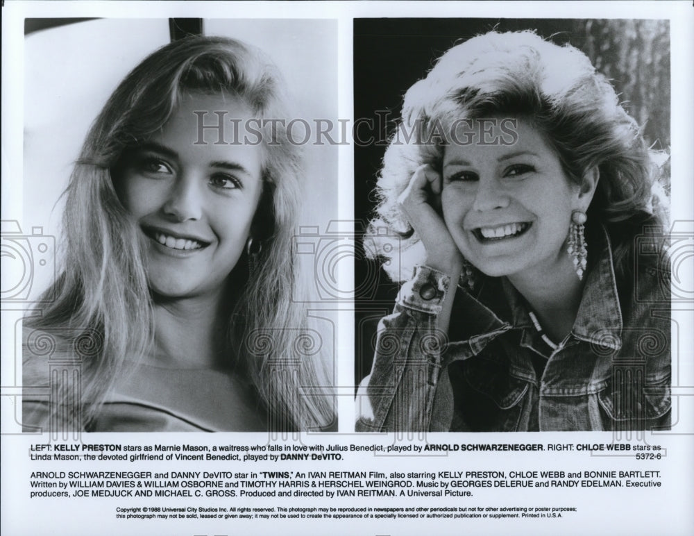 1989 Press Photo Kelly Preston and Chloe Webb star in Twins comedy movie - Historic Images