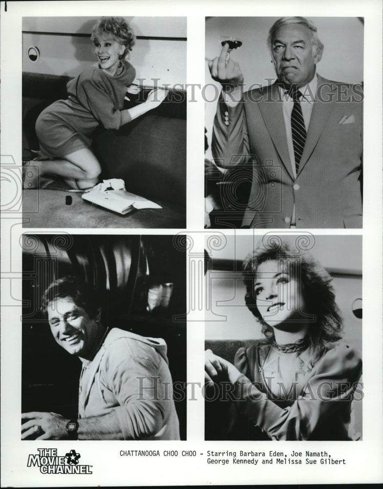 1985 Press Photo Barbara Eden Joe Namath George Kennedy and Melissa Sue Gilbert - Historic Images