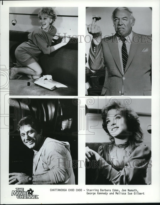 1985 Press Photo Barbara Eden Joe Namath George Kennedy and Melissa Sue Gilbert - Historic Images