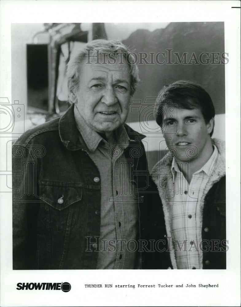 1987 Press Photo Forrest Tucker and John Shepherd star in Thunder Run - Historic Images
