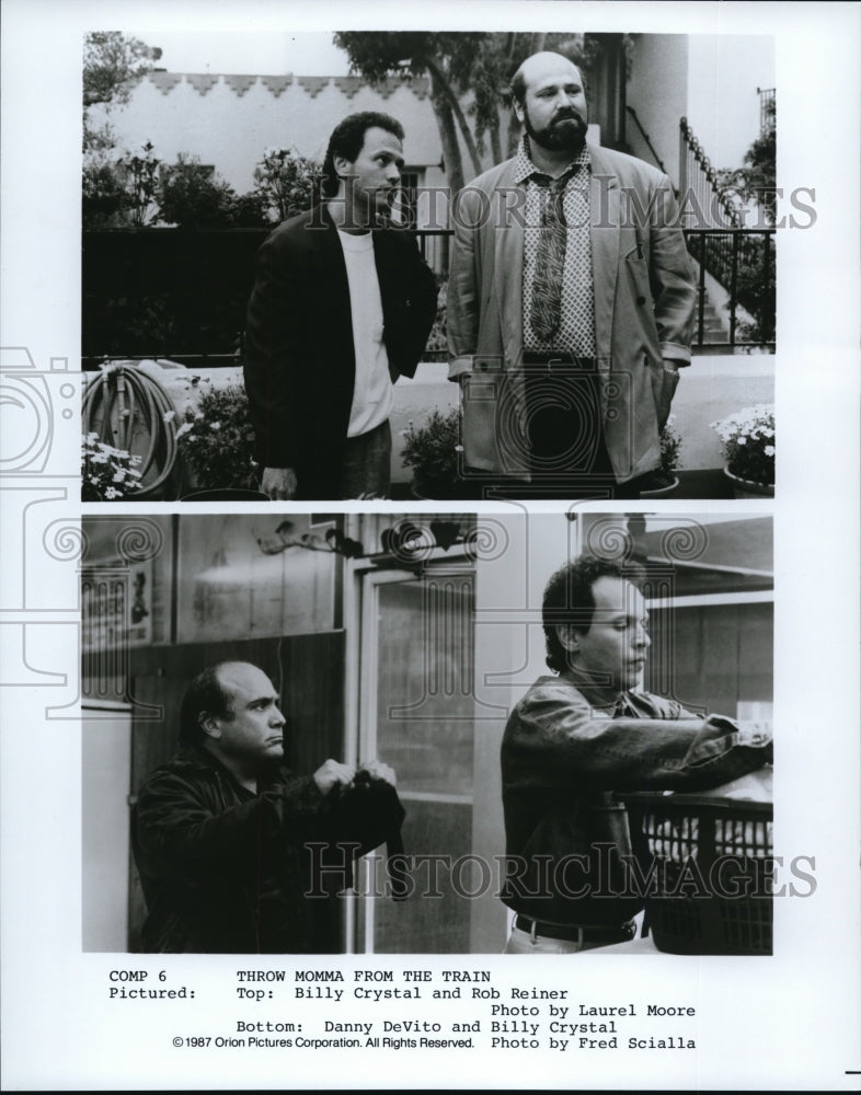 1988 Press Photo Billy Crystal Rob Reiner Danny DeVito Throw Momma from Train-Historic Images