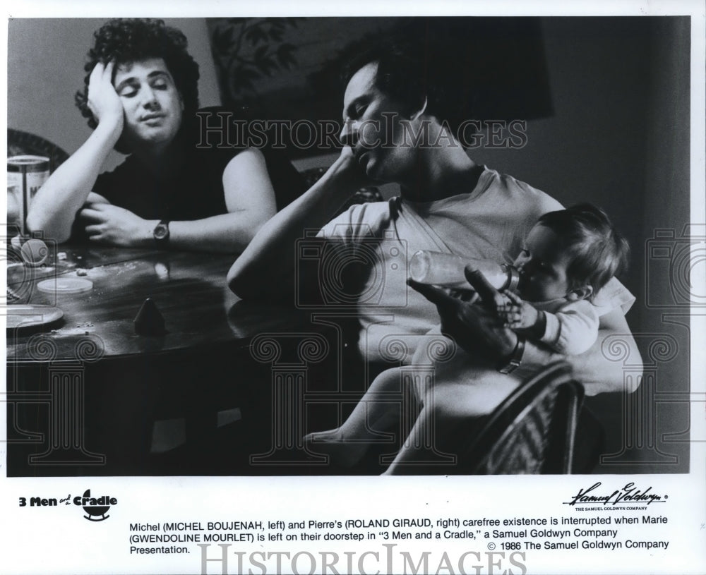 1986 Press Photo Michel Boujenah and Roland Giraud star in 3 Men and a Cradle - Historic Images