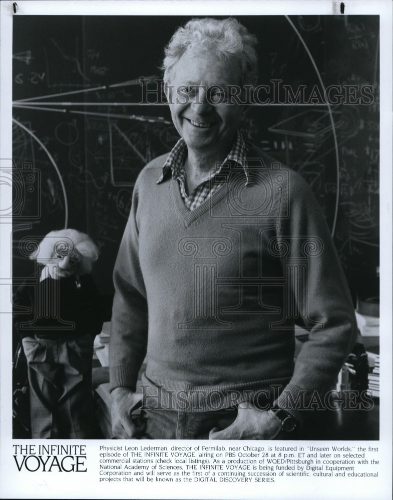 1987 Press Photo Physicist Leon Lederman Director on The Infinite Voyage - Historic Images