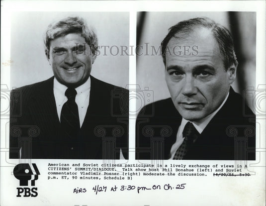1986 Press Photo Talk show host Donahue and Soviet Commentator Vladimir Posner - Historic Images