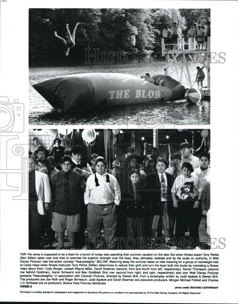 1995 Press Photo Ben Stiller, Cody Burger, Joseph Wayne Miller in Heavyweights - Historic Images