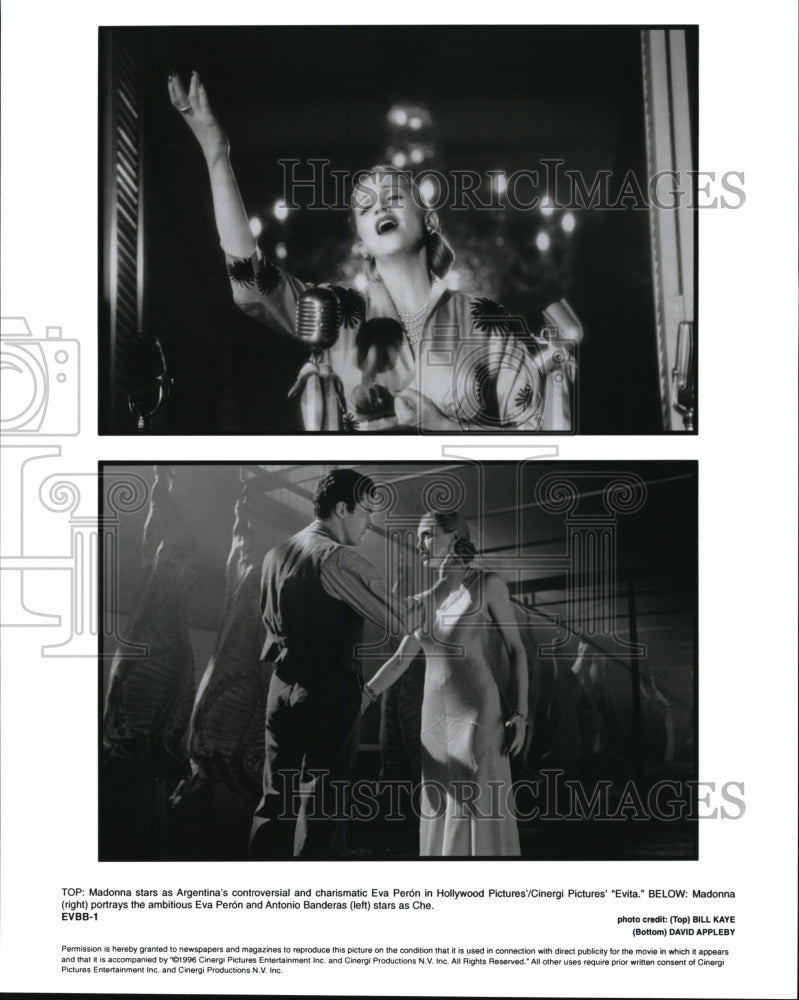 1997, Madonna as Eva Peron Antonio Banderas as Che in Evita - Historic Images