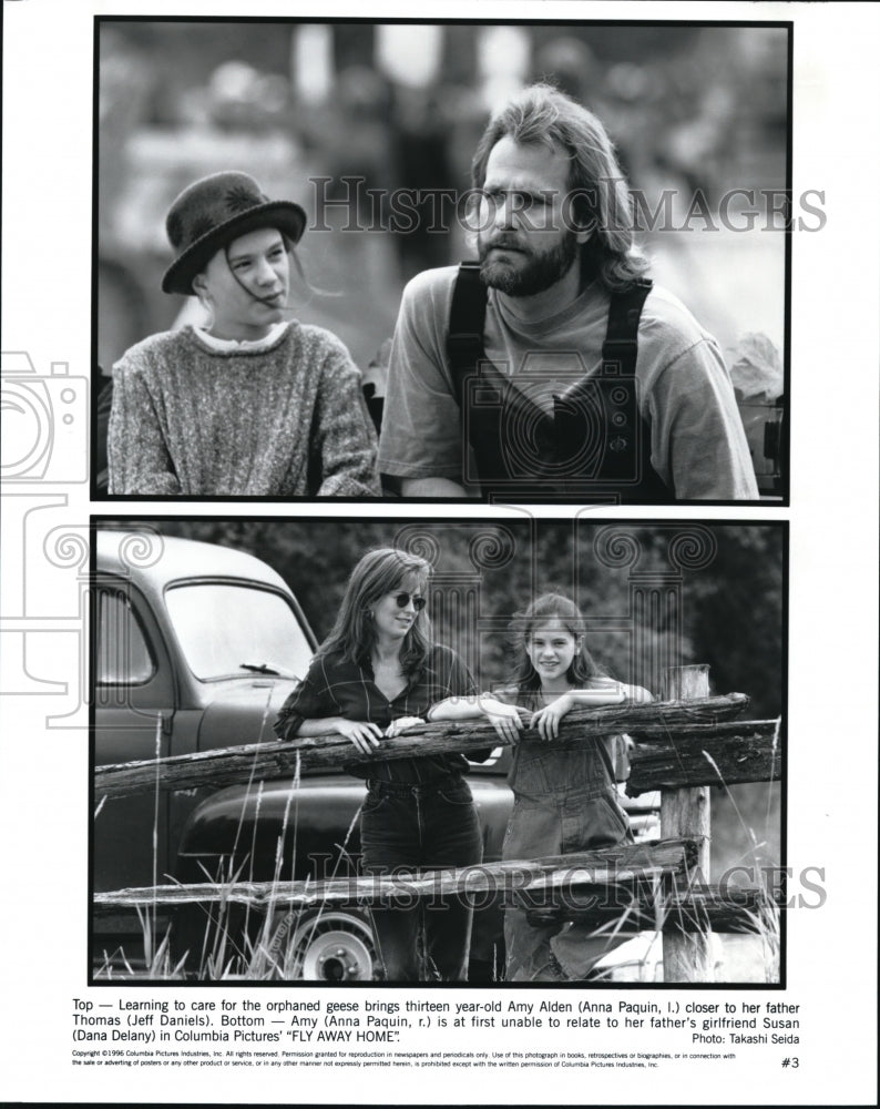 1996 Press Photo Anna Paquin Jeff Daniels and Dana Delany star in Fly Away Home-Historic Images