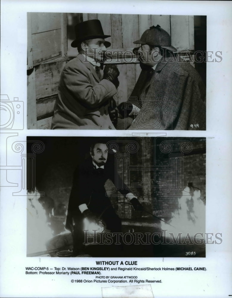 1988 Press Photo Ben Kingsley, Michael Caine, Paul Freeman in Without A Clue - Historic Images