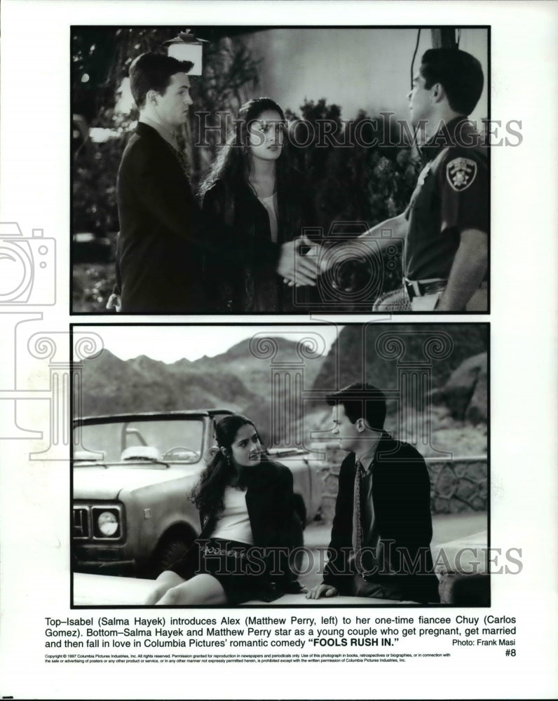 1997 Press Photo Salma Hayek, Matthew Perry, Carlos Gomez in Fools Rush in - Historic Images