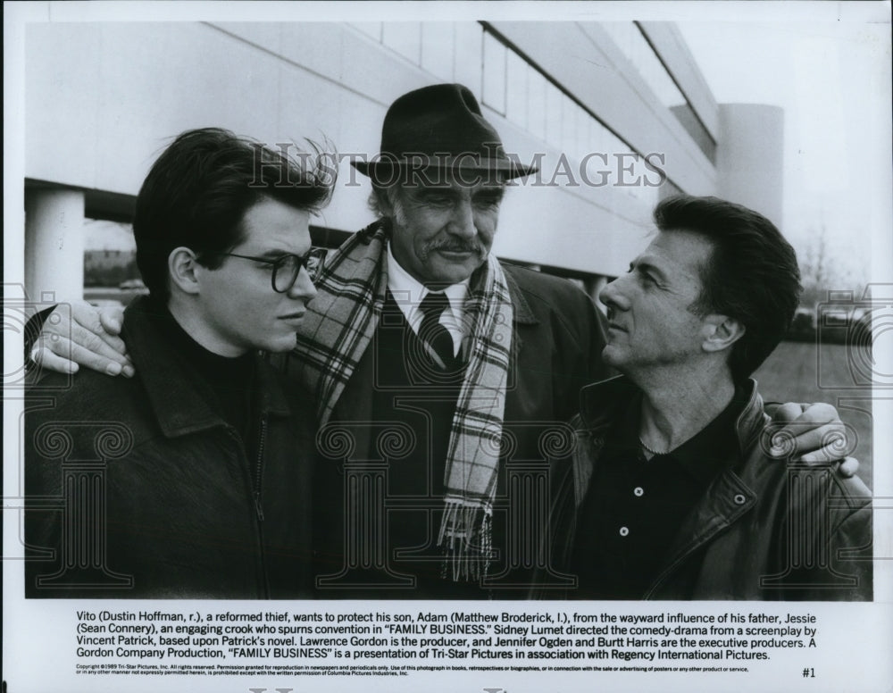 1989 Press Photo Sean Connery, Mathew Broderick & Dustin Hoffman in Family Busin- Historic Images