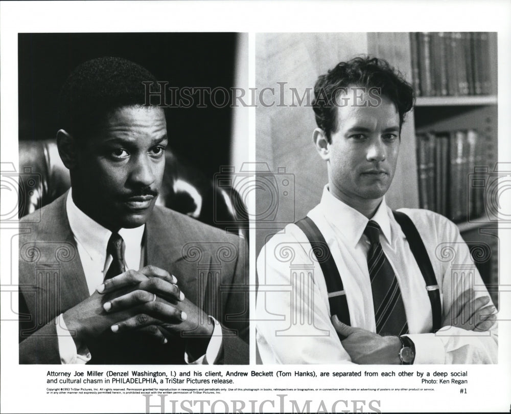 1993 Press Photo Tom Hanks &amp; Denzel Washington in Philadelphia - cvp50103 - Historic Images