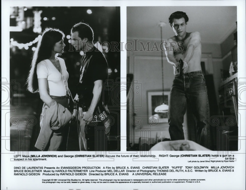 1993 Milla Jovovich and Christian Slater star in Kuffs - Historic Images