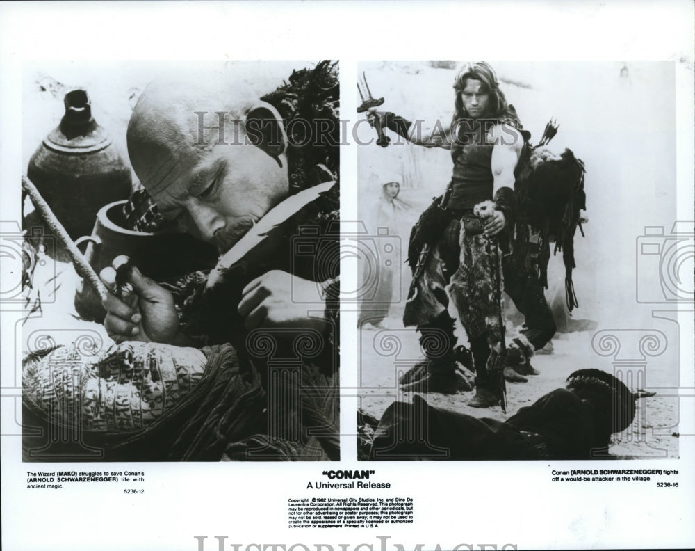1991 Arnold Schwarzenegger and Mako star in Conan the Barbarian - Historic Images