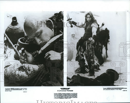 1991 Arnold Schwarzenegger and Mako star in Conan the Barbarian - Historic Images