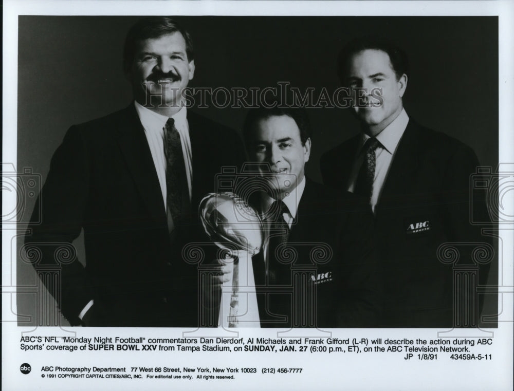 1991 Press Photo Dan Dierdorf Al Michaels Frank Gifford on Monday Night Football - Historic Images