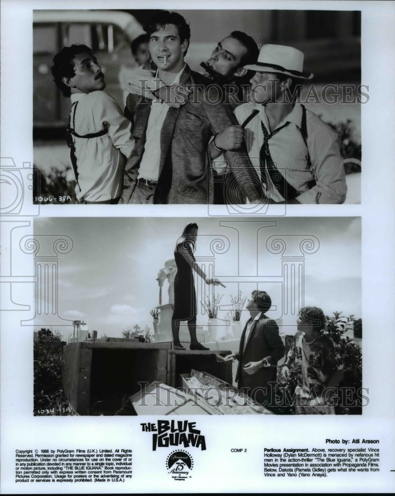 1988 Press Photo Dylan McDermott, Pamela Gidley &amp; Yano Anaya in The Blue Iguana - Historic Images